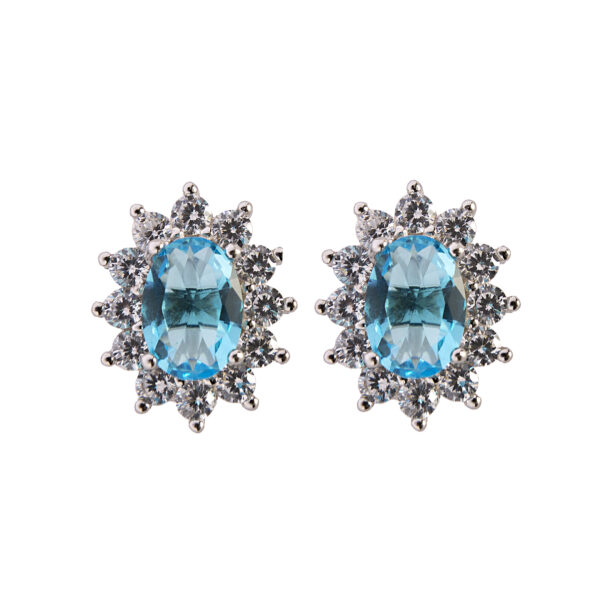 Large princess earrings in rhodium-plated silver with blue topaz and white zircons