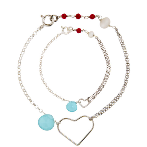 MiniMe Bracelets for mother and child in silver with semi-precious stones and heart.